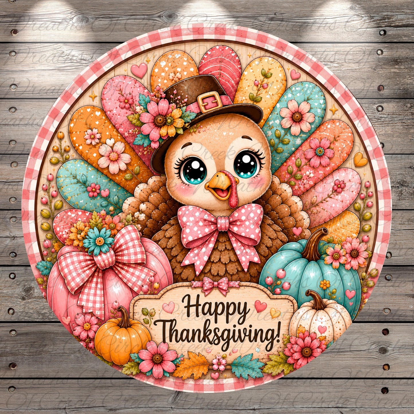 A colorful and whimsical illustration of a turkey surrounded by various fall-themed elements, including pumpkins, flowers, and a bow, with the text "Happy Thanksgiving!" displayed prominently.