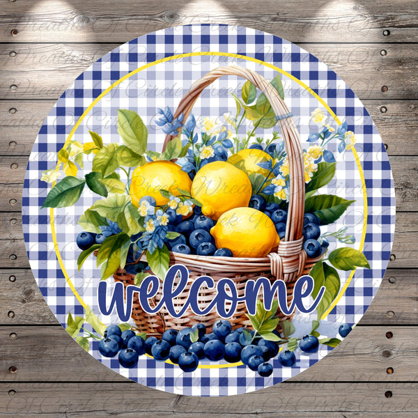 Welcome Lemon Blueberry Basket Sign | Lightweight Round Metal Wreath Sign | No Holes in Sign | Farmhouse Porch Decor