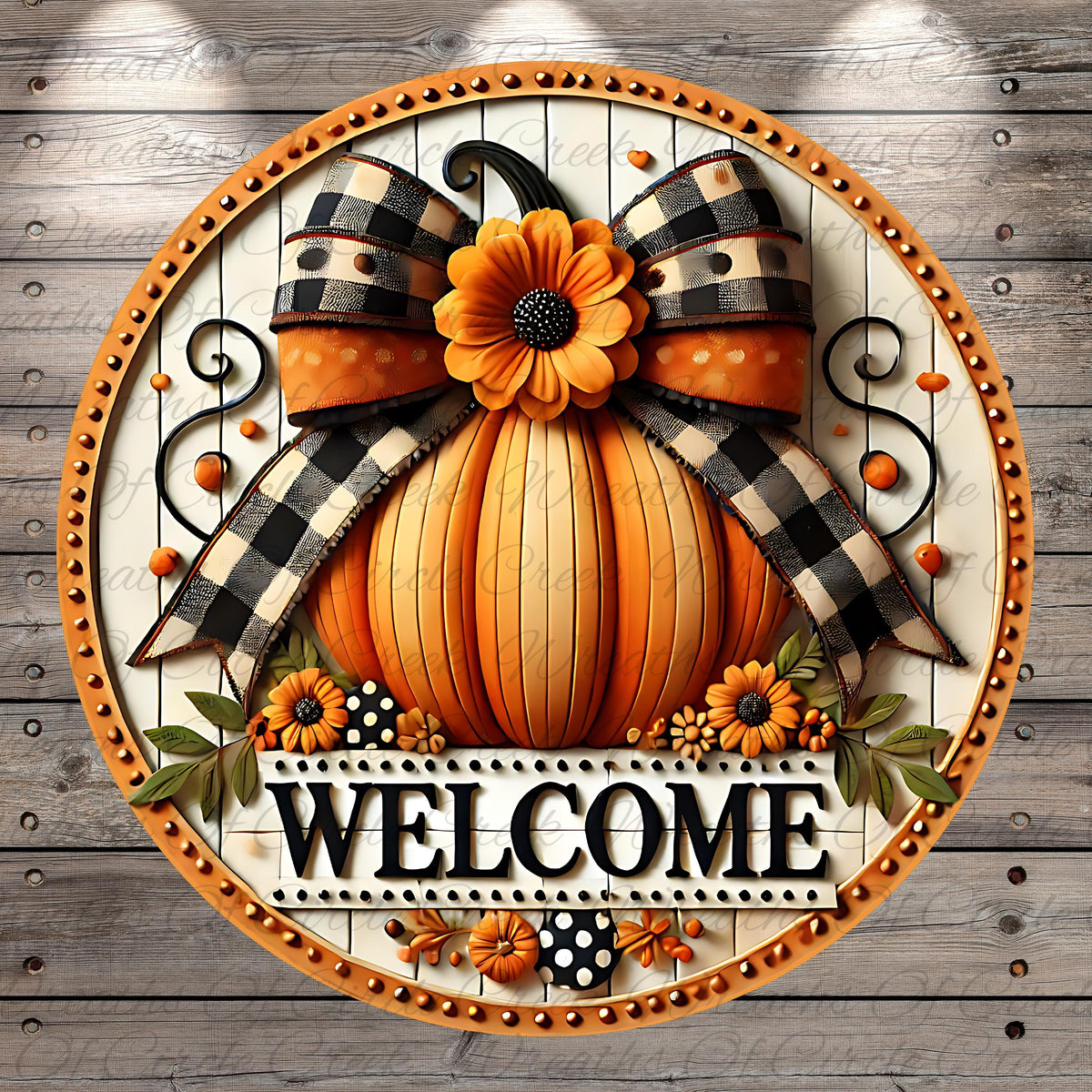 A decorative welcome sign featuring a large orange pumpkin with a bow, surrounded by flowers and leaves, with the word "WELCOME" displayed prominently.