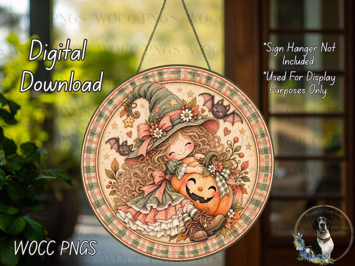 The image is a digital download of a Halloween-themed glass plate featuring a witch and a pumpkin.