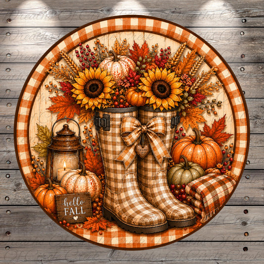 A circular arrangement of autumn-themed items, including boots, pumpkins, sunflowers, and a lantern, set against a wooden background.