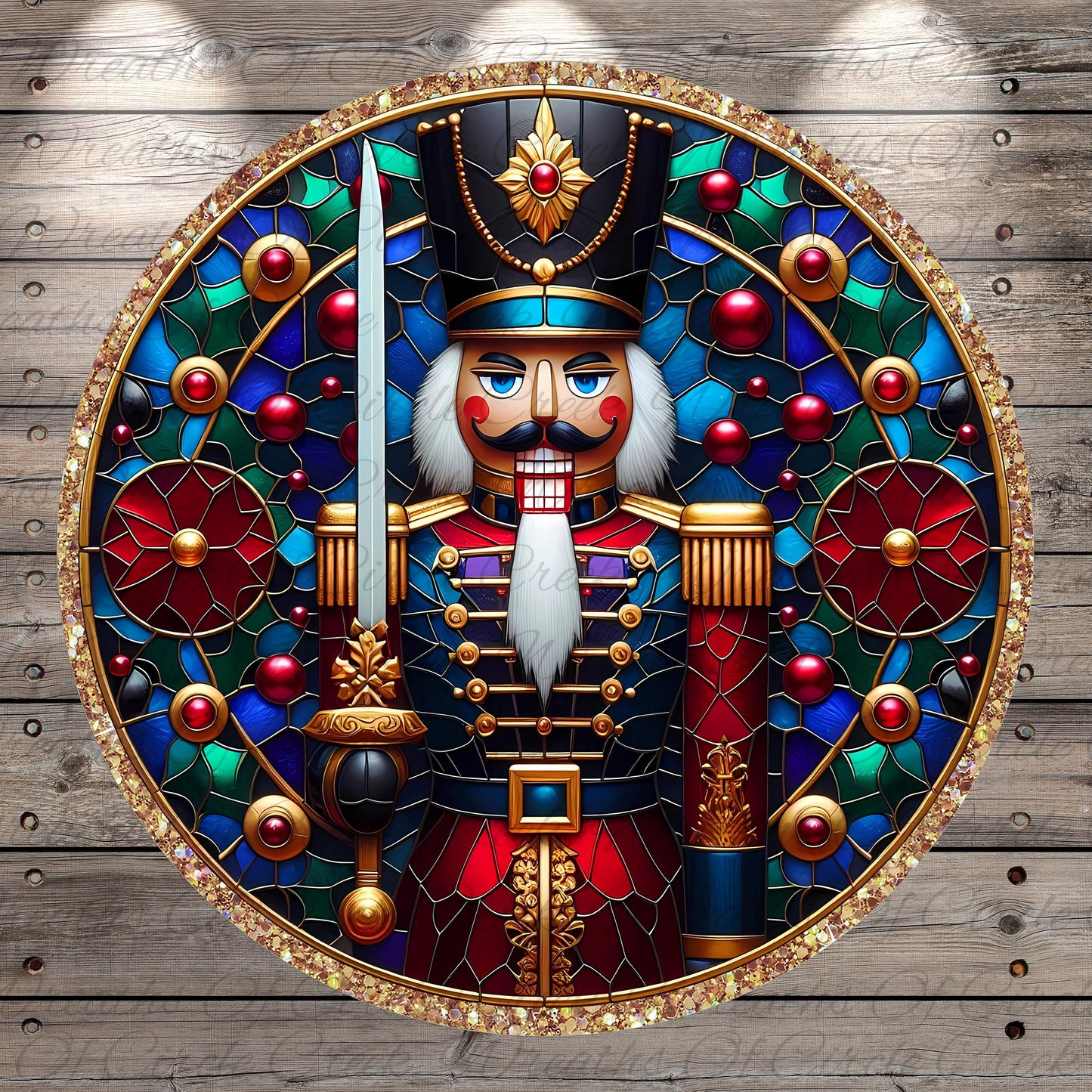 A detailed illustration of a nutcracker figure, adorned with a colorful and ornate design, surrounded by a circular frame with a stained glass-like pattern.