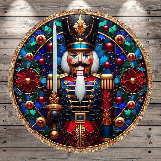 A detailed illustration of a nutcracker figure, adorned with a colorful and ornate design, surrounded by a circular frame with a stained glass-like pattern.