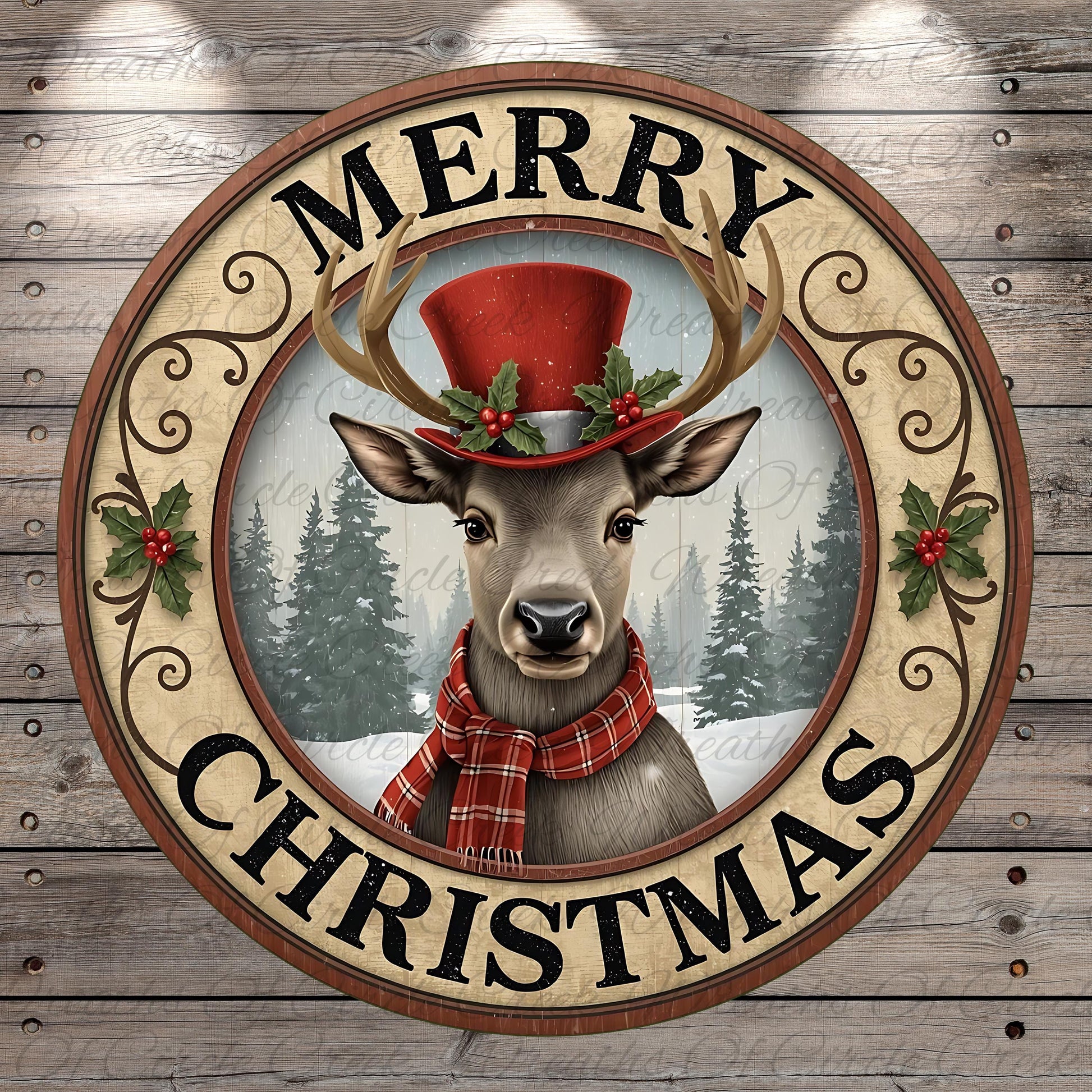 A deer wearing a red top hat and scarf, with the text "MERRY CHRISTMAS" displayed around it, is the central focus of the image.