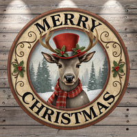 A deer wearing a red top hat and scarf, with the text "MERRY CHRISTMAS" displayed around it, is the central focus of the image.