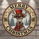 A deer wearing a red top hat and scarf, with the text "MERRY CHRISTMAS" displayed around it, is the central focus of the image.