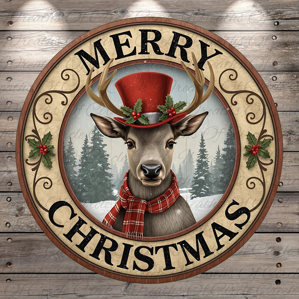 A deer wearing a red top hat and scarf, with the text "MERRY CHRISTMAS" displayed around it, is the central focus of the image.