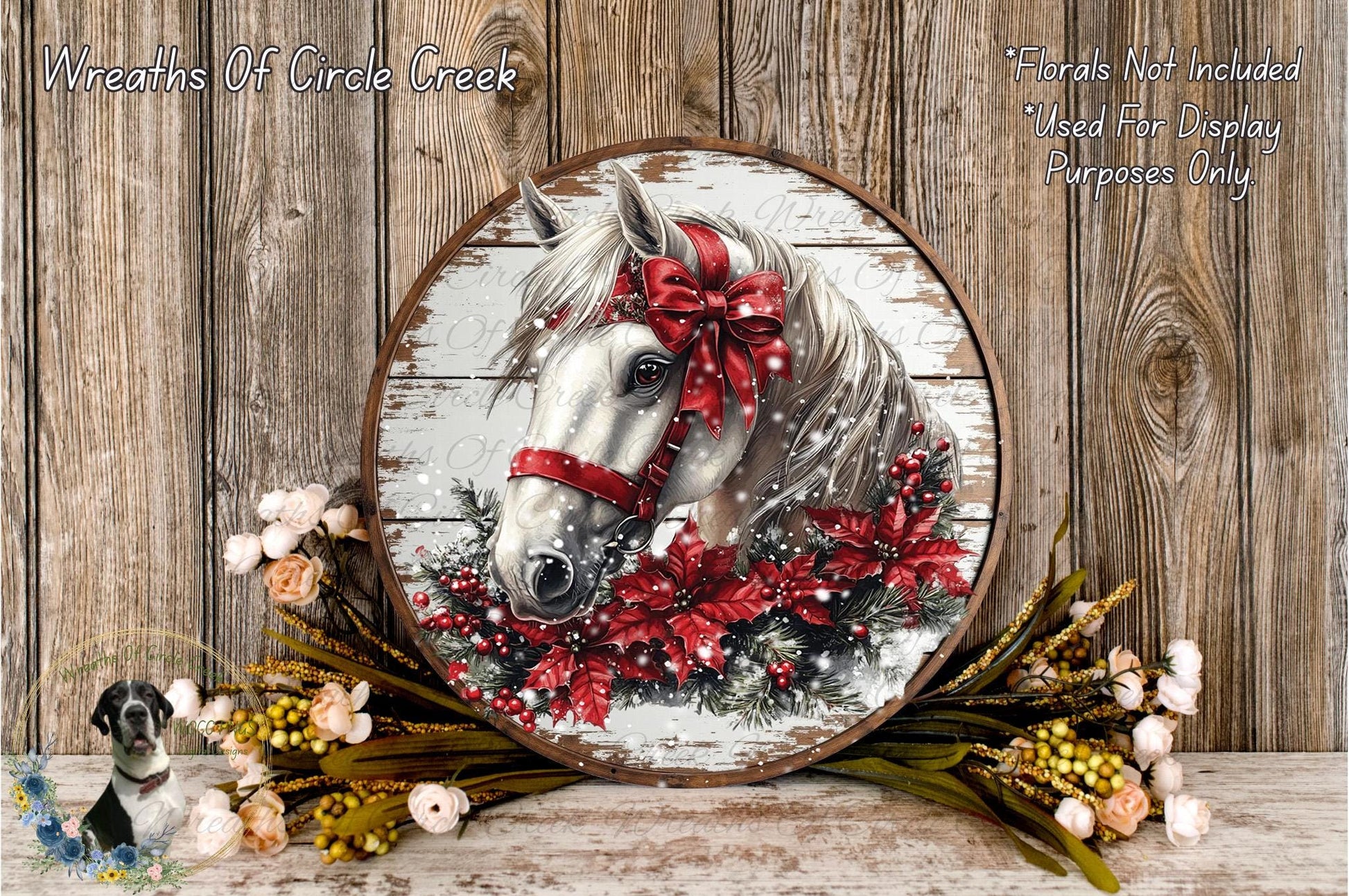 A round wooden plaque with a white horse's head and a red bow, surrounded by red poinsettia flowers and greenery, set against a rustic wooden background.