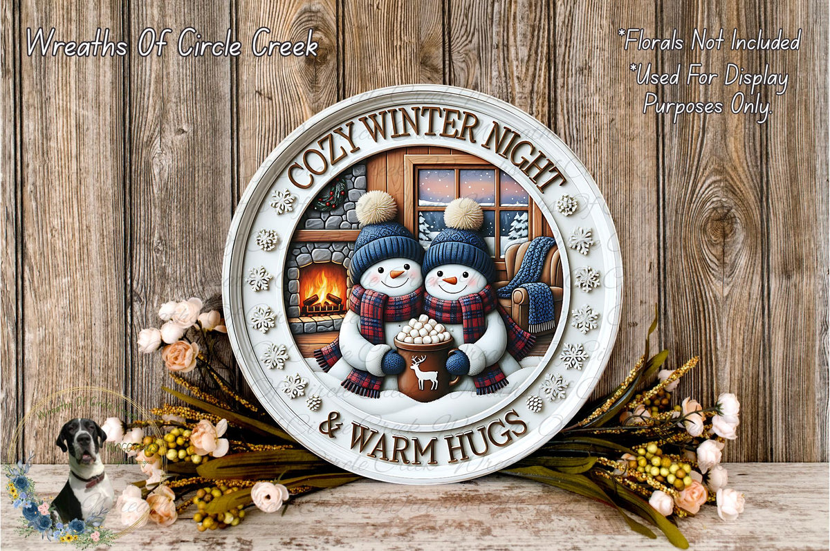 A decorative snowman and a fireplace with a cozy winter night scene, surrounded by flowers and a wreath, with the text "Cozy Winter Night & Warm Hugs" on a wooden background.