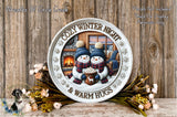 A decorative snowman and a fireplace with a cozy winter night scene, surrounded by flowers and a wreath, with the text "Cozy Winter Night & Warm Hugs" on a wooden background.