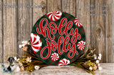 A festive wreath with the text &quot;Holly Jolly&quot; in red and white cursive lettering, surrounded by red and white striped candy canes and a floral arrangement.
