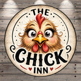 a large, cartoonish chicken with a red comb and wattles, surrounded by decorative text that reads "The CHICK INN".