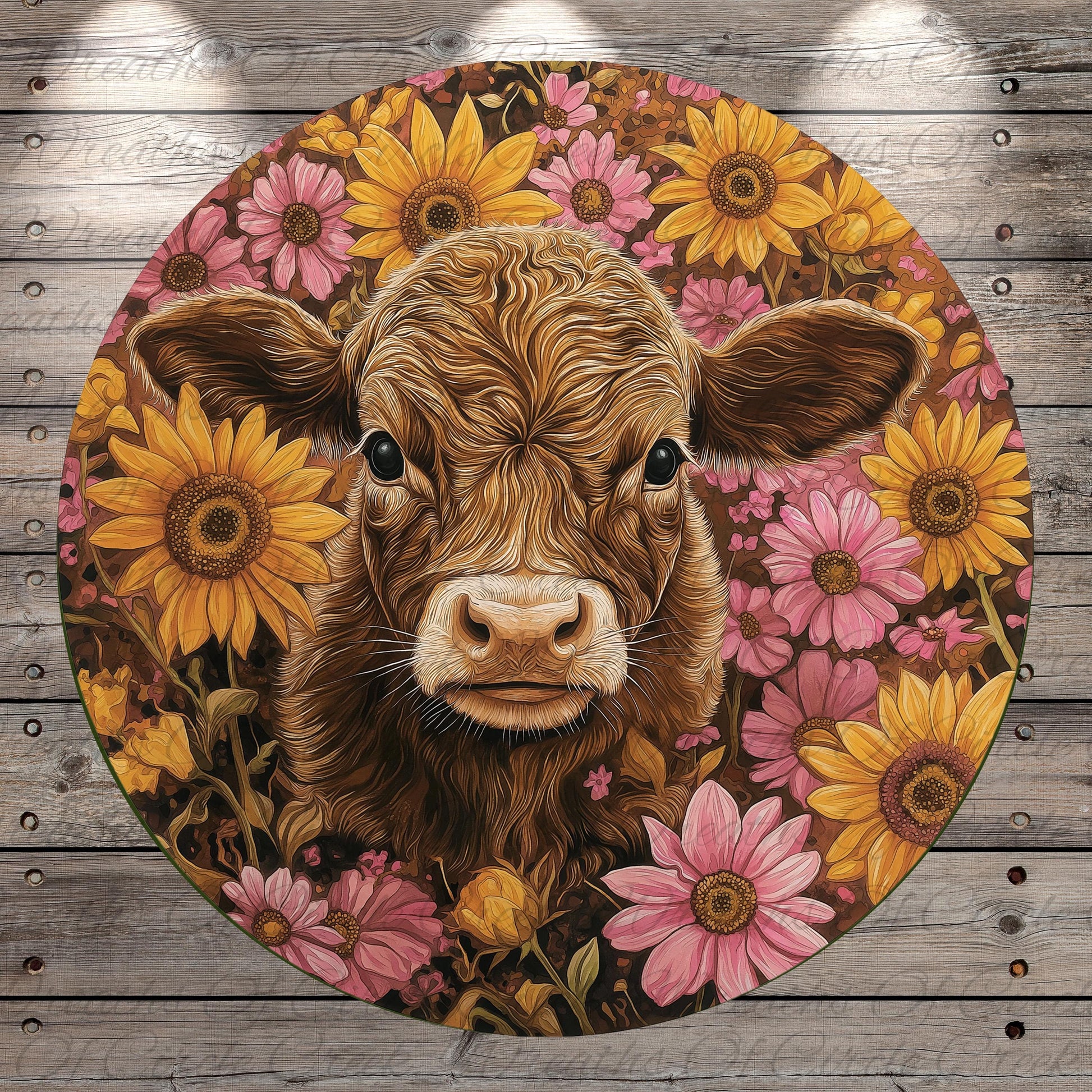 a painting of a brown cow surrounded by sunflowers