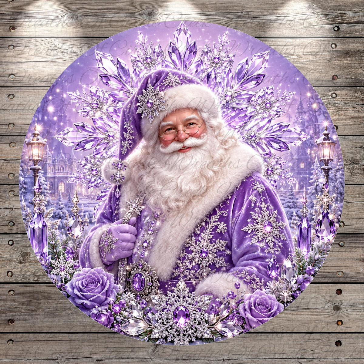 A digital illustration of Santa Claus wearing a purple outfit and holding a crystal ornament, surrounded by a snowy landscape with a castle in the background.