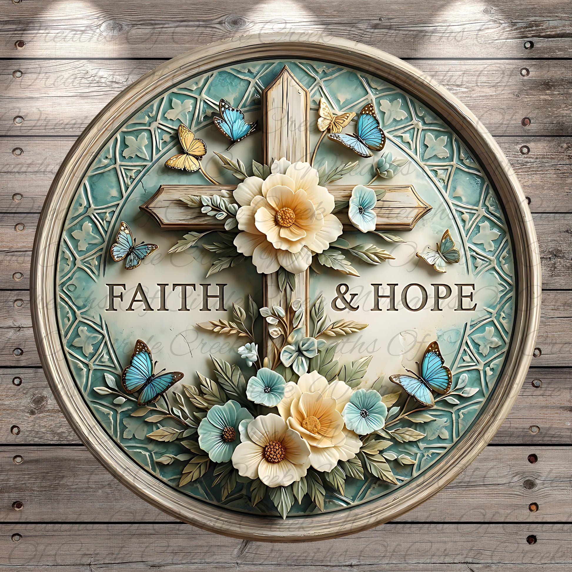A decorative wooden plaque with a cross and floral elements, surrounded by butterflies.
