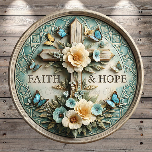 A decorative wooden plaque with a cross and floral elements, surrounded by butterflies.