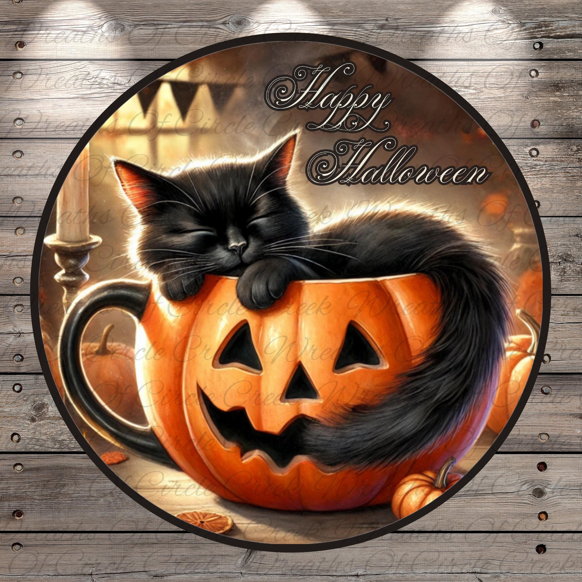 A black cat is curled up and sleeping inside a carved pumpkin, surrounded by other pumpkins and a candle, with the text "Happy Halloween" displayed above the pumpkin.