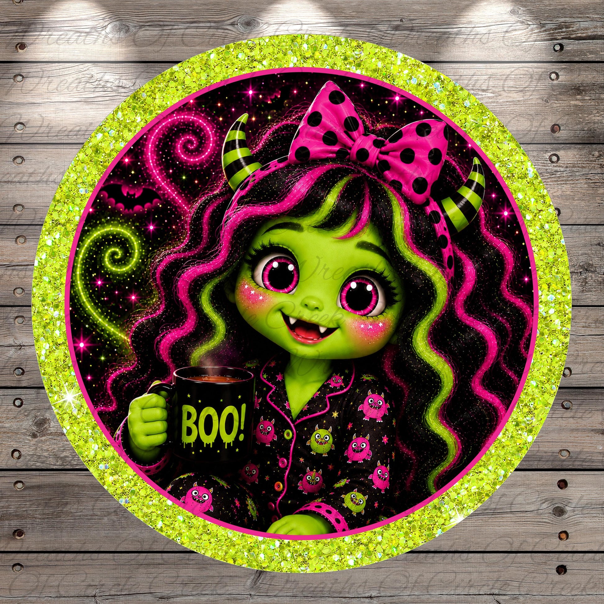 A green-skinned, horned girl with large eyes and a bow in her hair is holding a mug with the word "BOO!" written on it, surrounded by a glittery, circular frame with a green border.