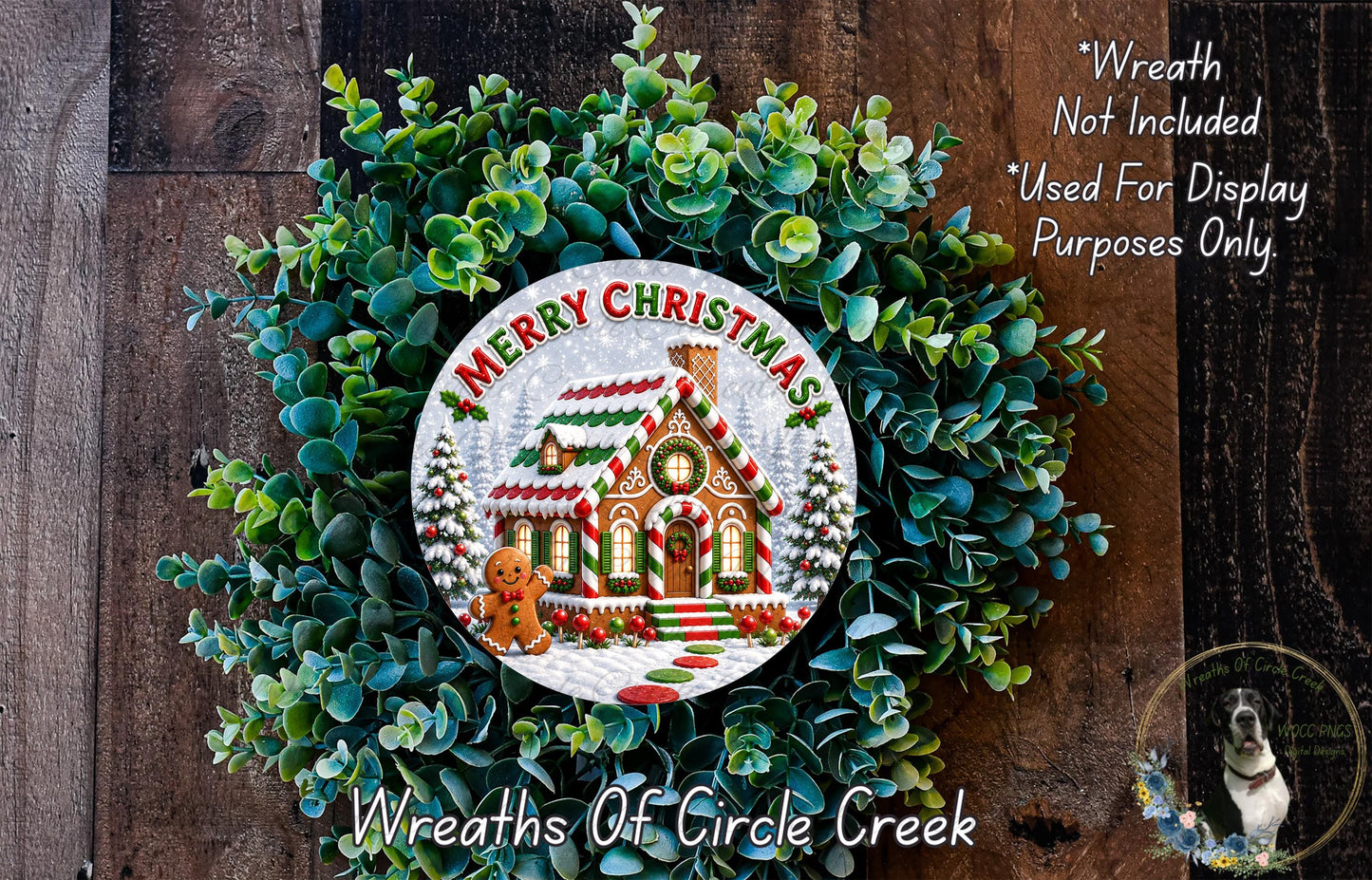 A wreath made of green leaves and a gingerbread house, with the text "Merry Christmas" and "Wreaths of Circle Creek" displayed on it.