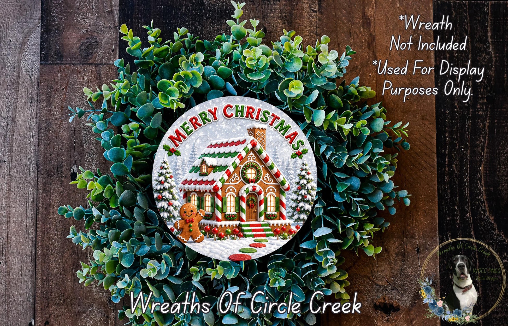 A wreath made of green leaves and a gingerbread house, with the text "Merry Christmas" and "Wreaths of Circle Creek" displayed on it.