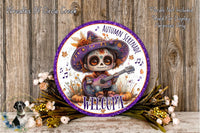 a decorative plate with a cartoon character, a skeleton, and a guitar, surrounded by autumn-themed decorations such as flowers and leaves.