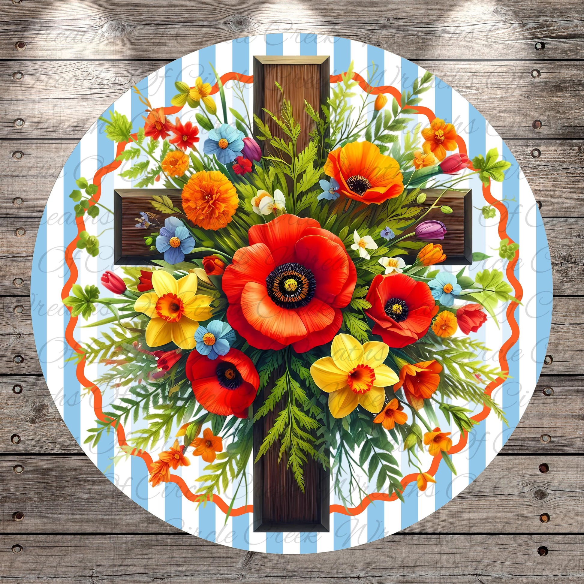 A vibrant floral arrangement with red poppies, yellow daffodils, and orange and yellow flowers is displayed on a wooden background.