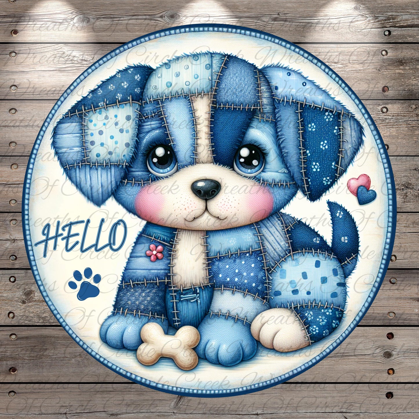 A charming illustration of a blue and white dog with a patchwork design, sitting on a wooden surface and surrounded by hearts and paw prints.