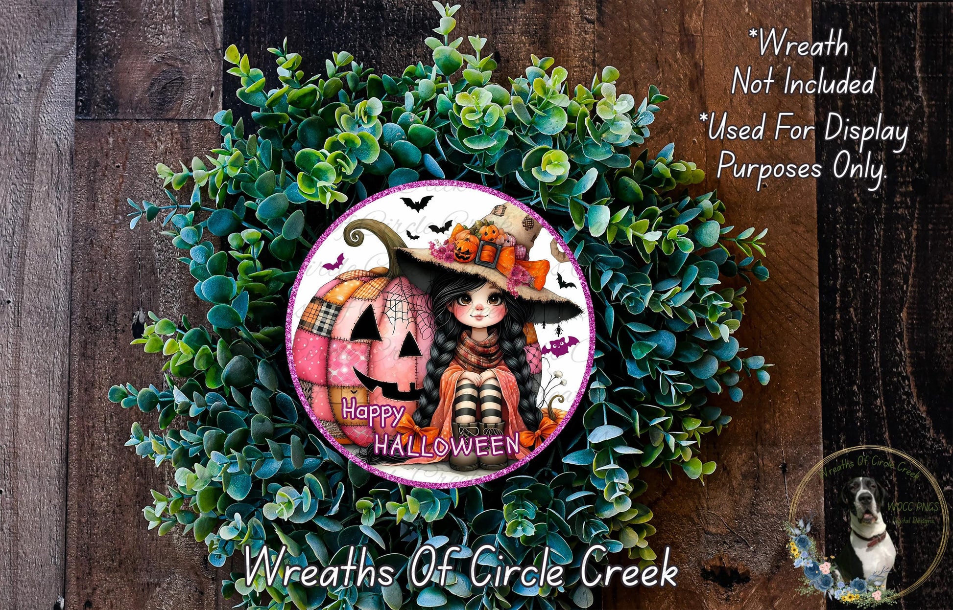 a Halloween-themed wreath with a pumpkin and a girl wearing a witch's hat. The wreath is surrounded by green foliage and has a "Happy Halloween" message.