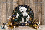 A decorative wreath featuring two white polar bears, one larger and one smaller, surrounded by various holiday ornaments and greenery. The wreath is placed on a wooden surface, and there are flowers and other decorative elements surrounding it.