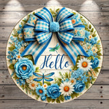 Floral Welcome Sign Door Decor, Blue Flower and Butterfly Wreath, Handmade Spring Entryway Decoration
