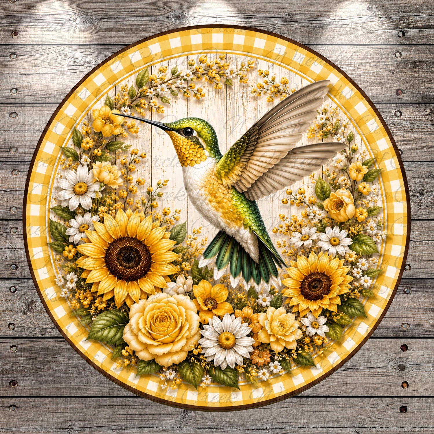 A vibrant, circular collage featuring a colorful hummingbird surrounded by a lush floral arrangement of sunflowers, daisies, and other flowers.