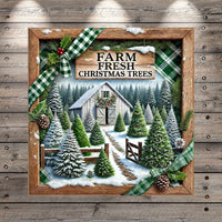 A framed collage depicting a snowy Christmas scene with a barn, pine trees, and a path leading to the barn. The text "FARM FRESH CHRISTMAS TREES" is displayed above the scene.