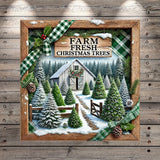 A framed collage depicting a snowy Christmas scene with a barn, pine trees, and a path leading to the barn. The text "FARM FRESH CHRISTMAS TREES" is displayed above the scene.