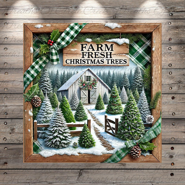 A framed collage depicting a snowy Christmas scene with a barn, pine trees, and a path leading to the barn. The text "FARM FRESH CHRISTMAS TREES" is displayed above the scene.