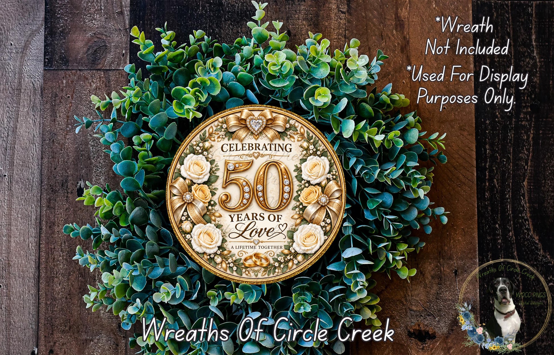 A wreath made of green leaves and flowers, with a large golden plaque in the center that reads "Celebrating 50 Years of Love" and "A Lifetime Together".