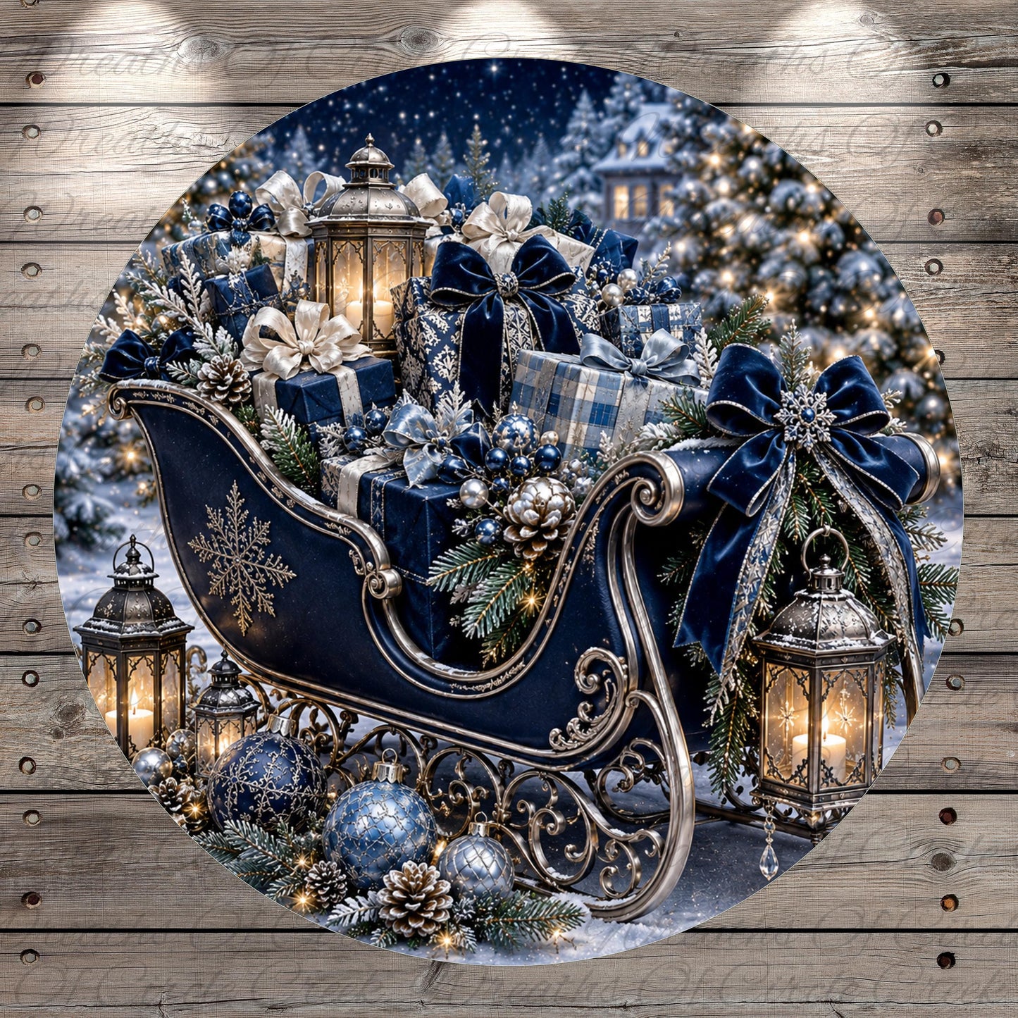 A beautifully decorated Christmas scene featuring a sleigh filled with presents, lanterns, and ornaments, set against a snowy winter landscape with trees and a house.