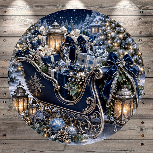 A beautifully decorated Christmas scene featuring a sleigh filled with presents, lanterns, and ornaments, set against a snowy winter landscape with trees and a house.