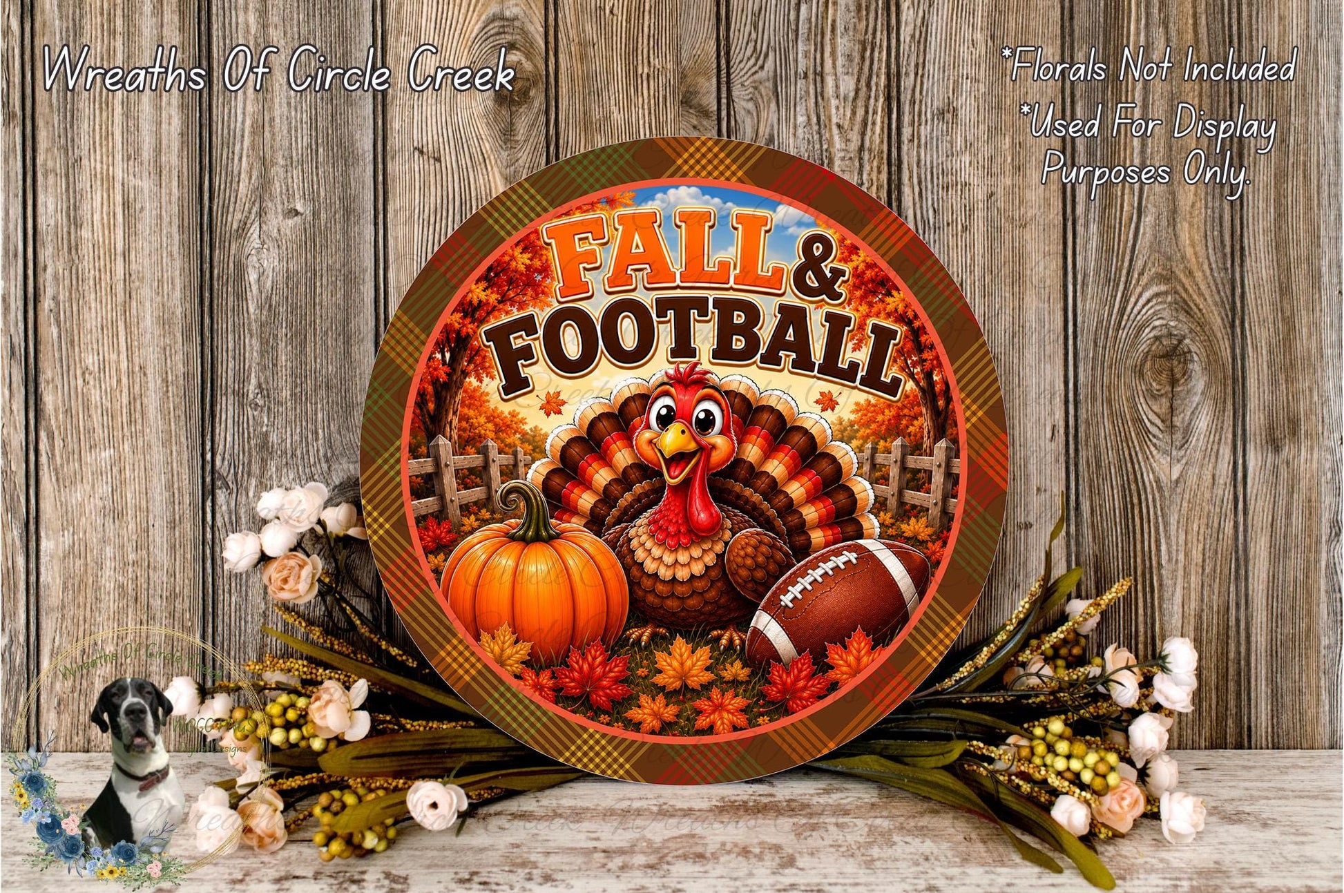 A round sign with a turkey, pumpkin, and football, surrounded by fall foliage and flowers, with the text "FALL & FOOTBALL" displayed prominently.