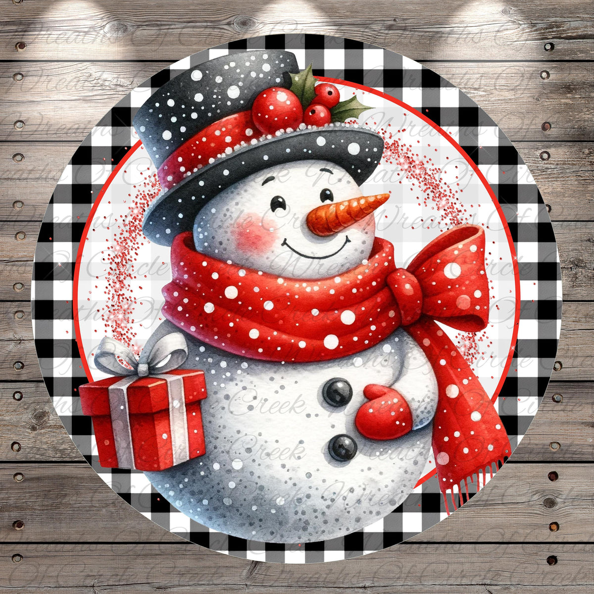 A cheerful snowman wearing a red scarf and hat, holding a red gift box, is surrounded by a black and white checkered border.