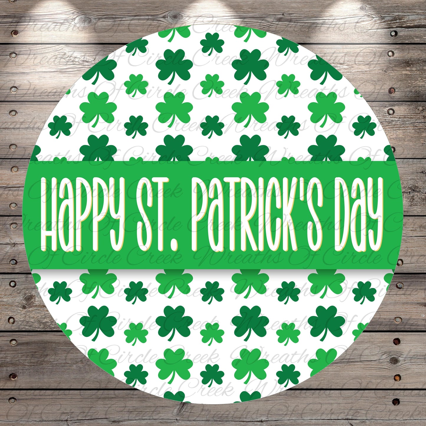 The image is a circular design with a repeating pattern of green shamrocks on a white background. The text "Happy St. Patrick's Day" is written in a white font on a green background, creating a festive and celebratory message.