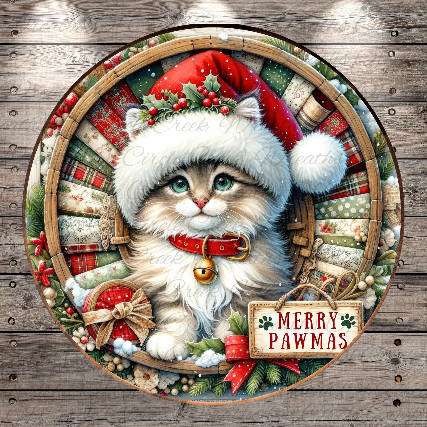 A festive Christmas-themed image featuring a cat wearing a Santa hat, surrounded by holiday decorations such as a wreath, pine branches, and berries.