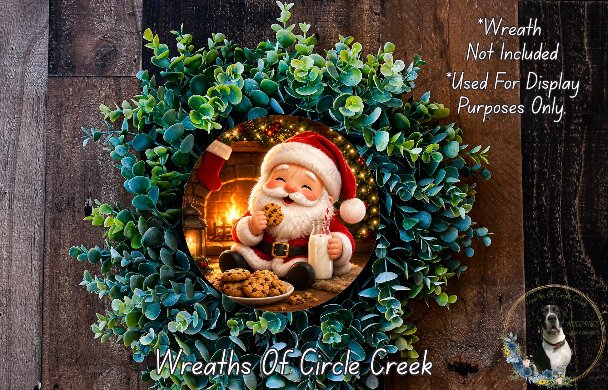 A wreath featuring a Santa Claus figure surrounded by greenery, with a plate of cookies and a lit fireplace in the background.