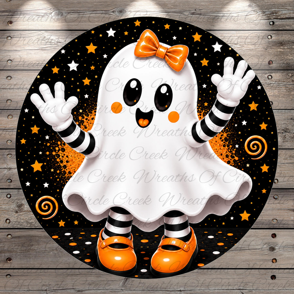 A whimsical illustration of a ghost character with a bow on its head, surrounded by stars and orange swirls against a black background.
