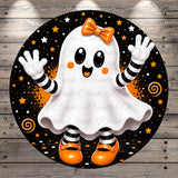 A whimsical illustration of a ghost character with a bow on its head, surrounded by stars and orange swirls against a black background.