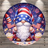A gnome holding a flag and surrounded by fireworks, cupcakes, and American flags, all set against a festive background.