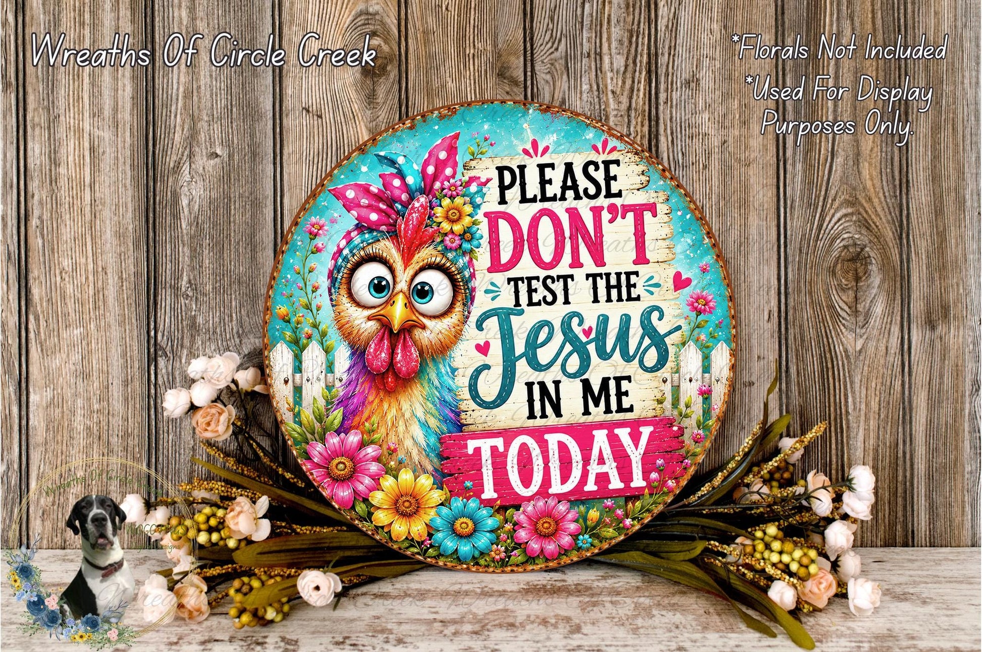 A decorative sign with a colorful owl and floral elements, accompanied by the text "Please don't test the Jesus in me today".