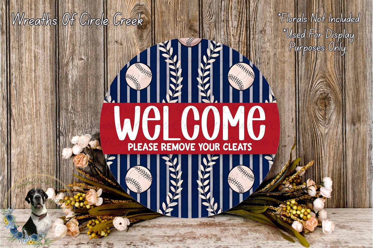 a welcome sign with a baseball theme, surrounded by flowers and a wooden background.