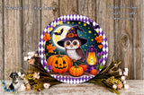 A Halloween-themed wreath featuring an owl wearing a witch's hat, surrounded by pumpkins, a lantern, and autumn leaves, set against a night sky background.
