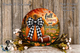 a decorative plate with a pumpkin, football, and fall leaves, surrounded by flowers and a bow. The plate has a message that reads "fall leaves and football please".