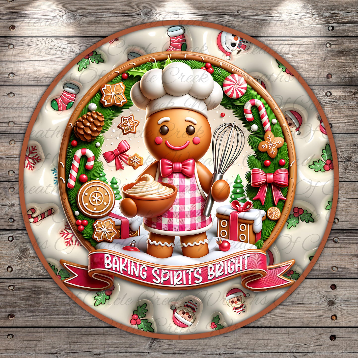 A festive Christmas-themed plate with a gingerbread man figure holding a bowl of food, surrounded by various holiday decorations such as pine cones, candy canes, and a wreath. The plate has a banner that reads "Baking Spirits Bright".
